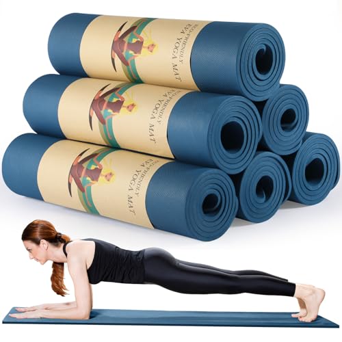 Timgle 6 Pcs 10mm Thick Yoga Mat Bulk 68 x 24 Inches Anti-slip Tear-resistant Exercise Mat Adult Gym Mats for Fitness, Stretching, Workout and Studio, Outdoor Yoga, Pilates - color: Navy Blue
