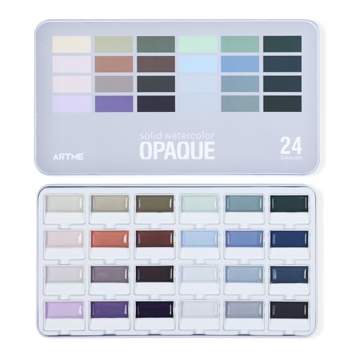 ARTME Watercolor Paint Set, 24 Colors Professional Semi-Moist Watercolor Paint, Gray Colors Opaque Watercolors Painting Supplies for Artists & Beginners, Suitable for Illustration, Landscape & Sketching