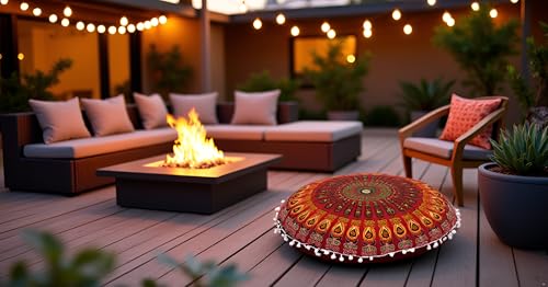 ICC 32 Inch Floor Pillows & Cushion Covers, Decorative Hippie Mandala Pouf Pillow Cover Bohemian Seating Meditation Cushion Cover, Large Boho Ottoman Case Pillowcase for Couch Round (Red) - color: Red
