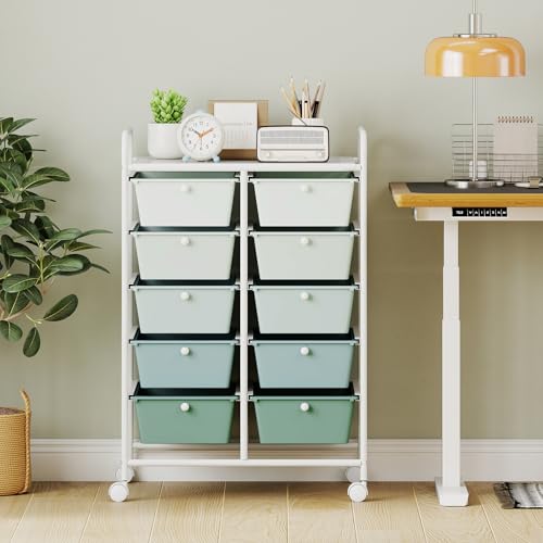 Giantex 10 Drawers Rolling Cart, Classroom Organizers, Storage Cart with Wheels, for Teacher Office Home School Supplies Tool Craft Art Paper, Green Gradient - color: Green Gradient, size: 10 Drawers Big