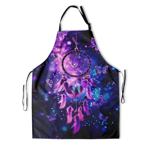 Artist Painting Apron with 2 Pockets Painters Art Aprons Gifts for Women Men - color: Purple Dream Catcher With Butterflies