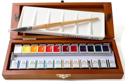 Professional Watercolor Paint Set - 24 Half Pan Highly Pigmented Transparent Water Color Adult Paints with #4 Synthetic Water color Brush, Ceramic Mixing Palette & Wooden Box Gift Watercolor Kit