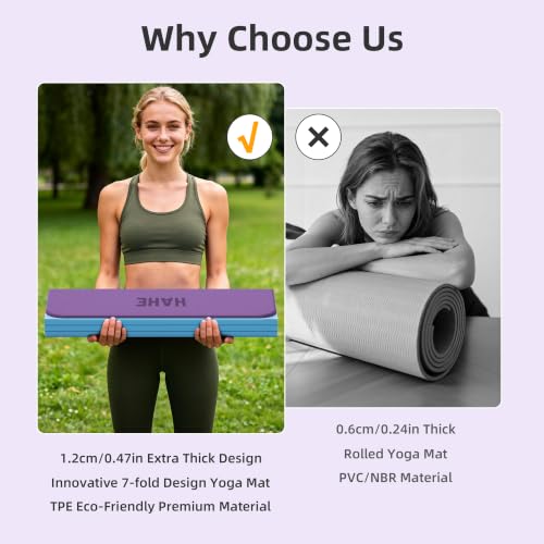 HAHE Extra Thick 7-Fold Yoga Mat, 72"x24"x0.47" TPE Exercise Mat - color: Flower Purple + Sky Blue