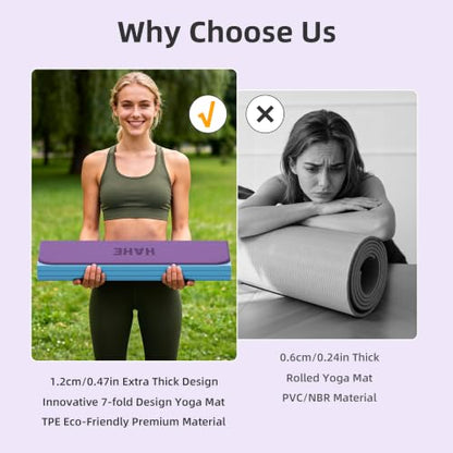 HAHE Extra Thick 7-Fold Yoga Mat, 72"x24"x0.47" TPE Exercise Mat - color: Flower Purple + Sky Blue
