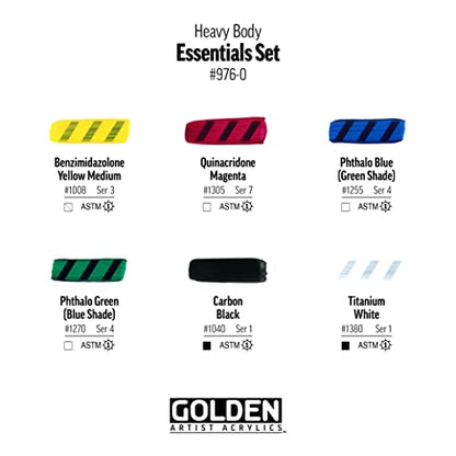 Golden Artist Color Heavy Body Acrylics, 6-Color Essentials Set, Professional Acrylic Paint Set, Set of 6 Tubes, 2 Fl. Oz. Each, with Golden Artist Tube Cap Opener Tool and Sticky Notes