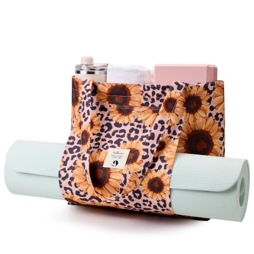 WLLWOO Yoga Mat Carrier Bag for Women Canvas Carryall Tote Gym Pilates | Large Holder Zipper Shoulder for Beach Travel Workout Fitness Office - color: Leopard Sunflower