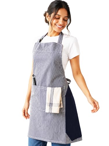 100% Cotton Kitchen Apron with 2 Pockets – Adjustable Chef Apron for Cooking Baking BBQ – Unisex Apron - color: Wipe Navy