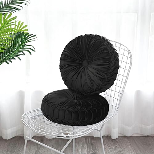 HIG Set of 2 Black Velvet Decorative Round Pleated Throw Pillows - color: Black