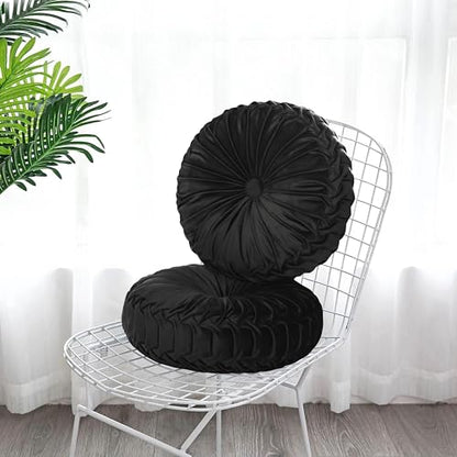 HIG Set of 2 Black Velvet Decorative Round Pleated Throw Pillows - color: Black