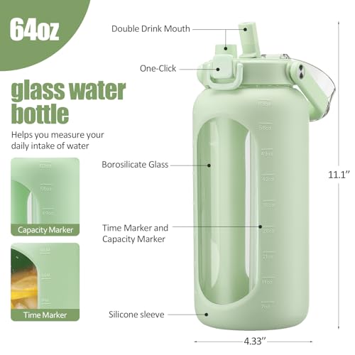 BLUEGO 64oz Glass Water Bottle with Handle and Straw, Motivational Sports Water Bottle with Time Marker and Silicone Sleeve Leakproof Drinking Bottle for Travel Gym Workout, Light Green - color: Light Green, size: 64 Ounces