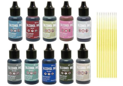 Tim Holtz Ranger Alcohol Inks Released 2024, Gravel, Flannel, Chronicle, Brick, Yonder, Wilderness, Cosmopolitan, Bayou, Juniper and Smudge with Trebbies Detail Sticks