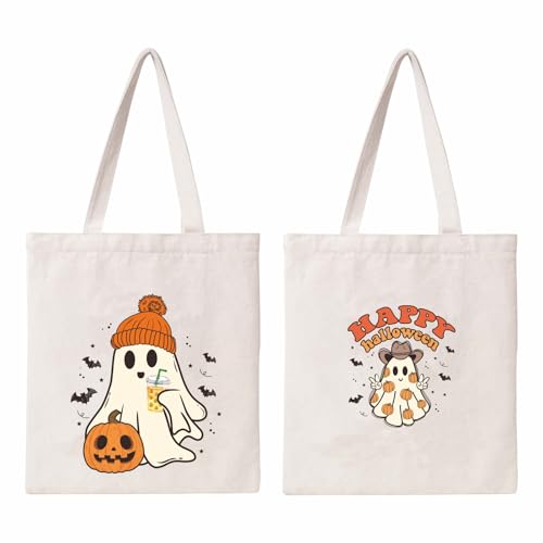 Kazova Halloween Canvas Tote Bag Cute Funny Ghost Tote Bag Cotton Reusable Grocery Shopping Beach Bag Halloween Shoulder Bag For Women Handbag - color: Ghost