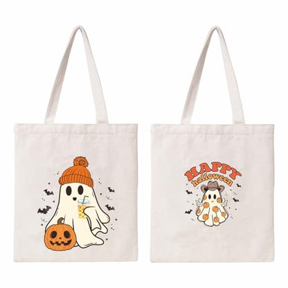 Kazova Halloween Canvas Tote Bag Cute Funny Ghost Tote Bag Cotton Reusable Grocery Shopping Beach Bag Halloween Shoulder Bag For Women Handbag - color: Ghost