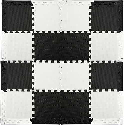 DEAYOU 16 Tiles Interlocking Foam Mat Floor Tiles, 12" x 12" EVA Foam Puzzle Mat with Borders, 0.4" Thick Soft Protective Exercise Padding Mats for Fitness, Play, Gym, Black and Cream White