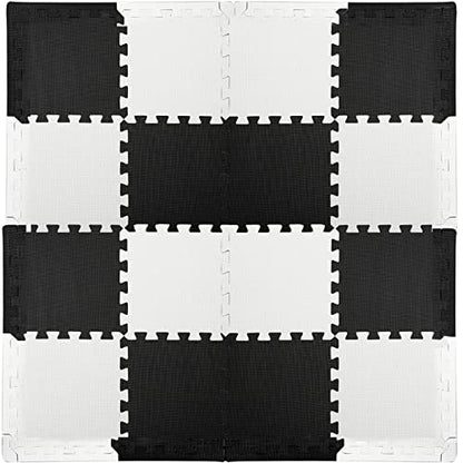 DEAYOU 16 Tiles Interlocking Foam Mat Floor Tiles, 12" x 12" EVA Foam Puzzle Mat with Borders, 0.4" Thick Soft Protective Exercise Padding Mats for Fitness, Play, Gym, Black and Cream White