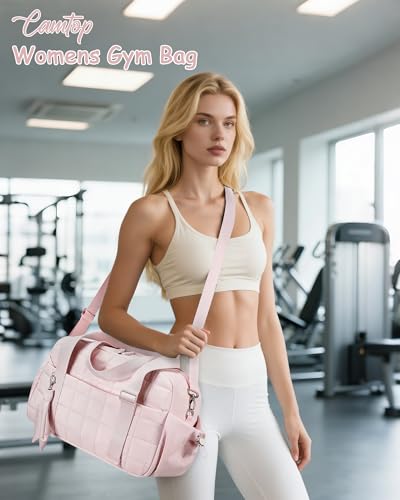 CAMTOP Mini Gym Bag for Women, Small Gym Tote Bag Puffy Quilted Sports Duffel Bag with Wet Compartment and Coin Purse Duffel Bags Dance Yoga Workout Bag for Gifts (Pink, Medium-16") - color: Pink, size: Medium-16"