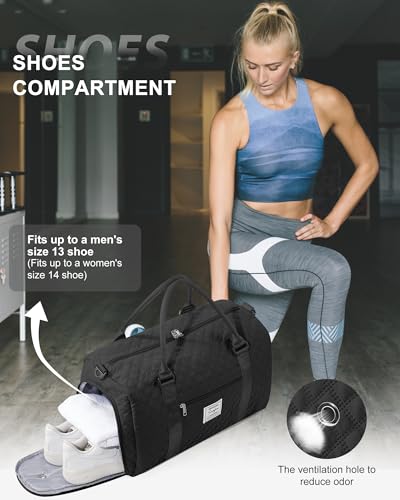 Gym Duffle Bag for Women with Shoe Compartment Waterproof Travel Tote Bags Personal Item Carry On Weekender Overnight Bags with Toiletry Bag Swimming Yoga Bags Hospital Holdalls Black - color: C7-Grid-Back
