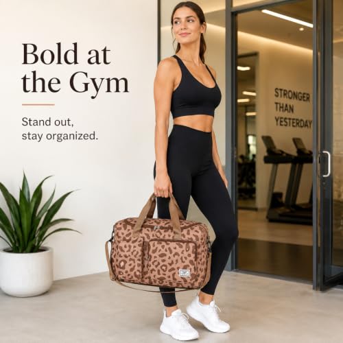 FIORETTO Women's Gym Duffle Bag with Shoes Compartment, 30L Capacity, Ideal for Travel, Gym, Sports, Duffel, Weekender - color: Leopard Brown, style: Gym Bag