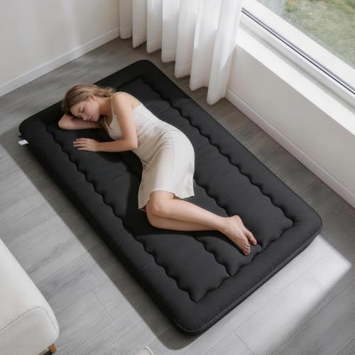 Twin Size Japanese Futon Mattress Foldable Topper Mattress for Floor Tatami Floor Mat Portable Roll-Up Bed for Guest Play mat Sleeping Pad Black B - color: Black, size: Twin