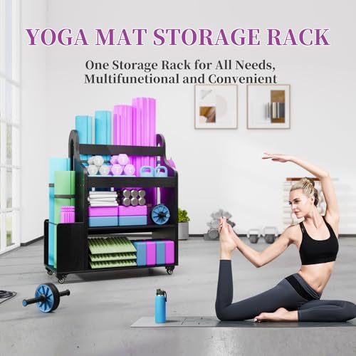 Home Gym Storage Rack Yoga Mat Holder with Wheels and Hooks, All in One Workout Storage for Yoga Mat, Foam Roller,Small Dumbbells, Kettlebel Gym Organizer Storage for Home Exercise(Wood)