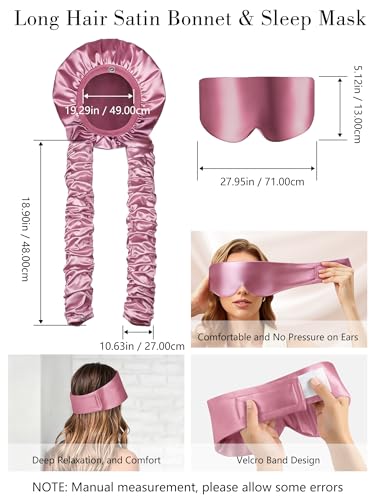 Satin Bonnet for Sleeping with Eye Mask，No Slip Sleep Bonnet with Long Curling Ribbons for Braids & Long Hair - color: Pink