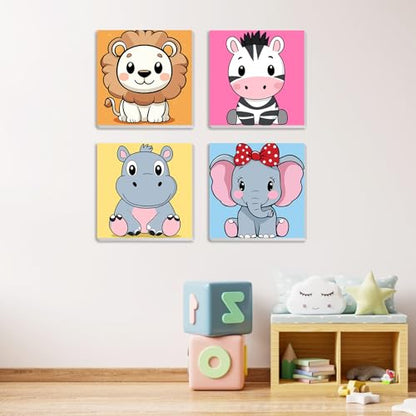 MXJSUA 4 Pack Lion Zebra Animals Paint by Numbers Kit with Framed Canvas for Kids, Hippo Elephant By Number Painting Kits for Ages 6-12 Kids, Acrylic Oil Paint by Number Kits for Beginners 8x8 Inch - color: Animal-F