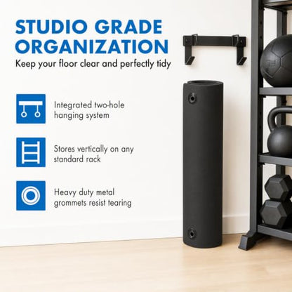 Fitness First Hanging Exercise Mat with Thick 1/2 Inch Foam | Large 71 by 24 inch black pad featuring a textured diamond pattern and two-hole design for easy commercial or home storage