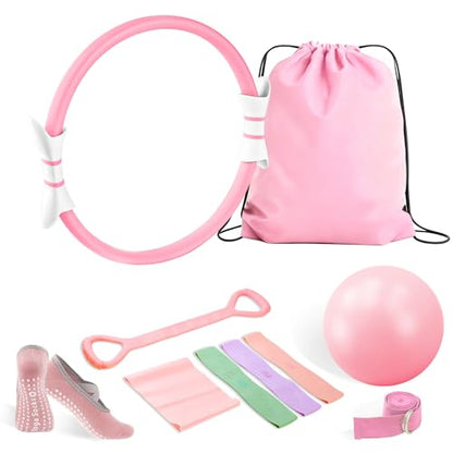 Luscinia Pilates Kit,Home Pilates Ring Kit for Women,Pilates Equipment Ring and Ball Set with Pilates Ring, Pilates Ball, Resistance Bands, Figure 8 Band & Accessories Pilates Starter Kit - color: Pink