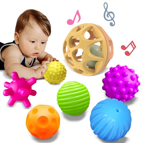 Montessori Toys Sensory Balls for Babies, Colorful Textured Sensory Toys for Babies 1-3, Hand Catching Baby Balls, Wheat Straw Baby Rattle Baby Toys Newborn Gifts for 6-12 Months - style: Textured Balls & Yellow Rattle Set