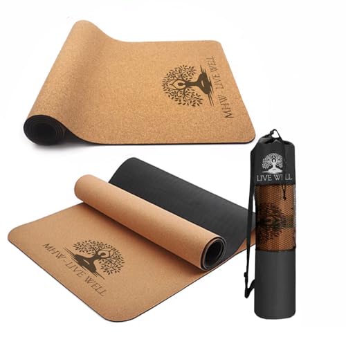 MHW - LIVE WELL Cork Yoga Exercise Mat | Natural Resists Sweat & Odors | Non-Slip TPE Yoga Mat | Extra Comfort for Hot Yoga, Pilates, and Workouts | 6mm Thick, Eco-Friendly