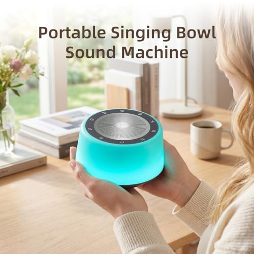 Kipcush Automatic Tibetan Singing Bowl Sound Machine, 11 Soothing Sound Therapy Tones, Touch Night Light, Smart Timer & Memory, Plug-in White Noise Machine for Sleep, Meditation, Yoga & Relaxation - color: Gray & Blue