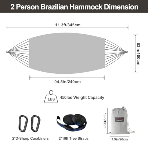 Brazilian Double Hammock with Tree Straps, Extra Large, 450 lbs Capacity - color: Light Grey, size: X-Large