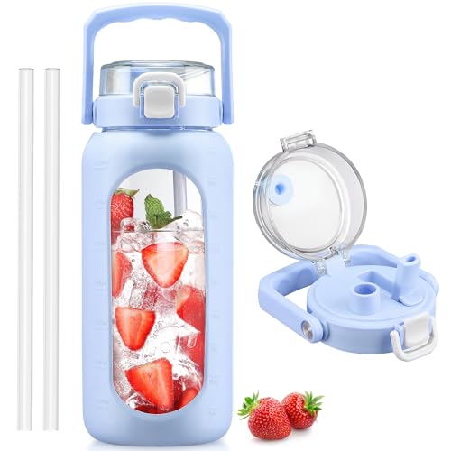 BLUEGO 64oz Glass Water Bottle with Handle and Straw, Motivational Sports Water Bottle with Time Marker and Silicone Sleeve Leakproof Drinking Bottle for Travel Gym Workout, Light Blue - color: Light Blue, size: 64 Ounces