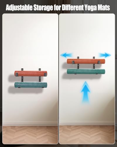 Yoga Mat Wall Mount Rack, Adjustable Steel Storage Holder w Protective Pad | Wall Mounted, Adjustable Hooks, Steel Construction, Felt Protection, Foam Roller Storage, Easy Install
