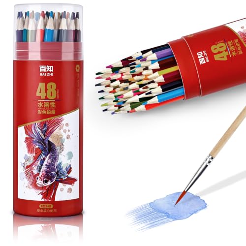 BAYTORY 48 Watercolor Pencils with Brush, Water Soluble Colored Pencils | Art Drawing Pencil Set for Adults Drawing, Sketching & Coloring Books (48 Count)