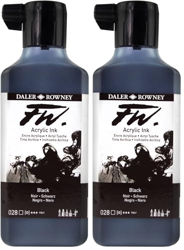 Daler-Rowney FW Acrylic Ink Bottle Black - Versatile Acrylic Drawing Ink for Artists and Students - Permanent Calligraphy Ink - Archival Ink for Illustrating and More (Pack of 2) - size: 6.1 fl oz (Pack of 2)