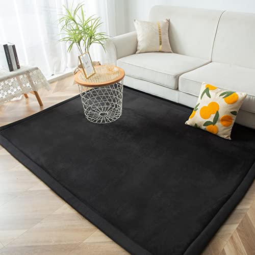 MAXYOYO Black Coral Velvet Area Rug, Thick Japanese Tatami Mat Living Room Carpet with Non-Slip Backing, Large Solid Color Mat for Bedroom Dormitory Yoga, 59 by 78 inch - color: Black, size: 59"x 78"