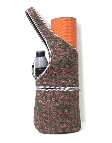 INDIAN CRAFT CASTLE Yoga Mat Bag | Tote Mat Bag | Sling Yoga Tote w/Large Side Pocket & Zipper Pocket | Yoga Mat Carrier Fits Most Size Mats - color: Brown Green