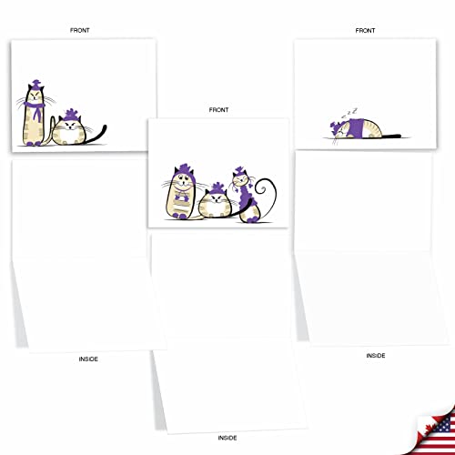 The Best Card Company - 10 Blank Yoga Note Cards (4x 5.12 Inch) - Boxed Notecards with Envelopes, Cute Animal Cards, Zen Assortment - Purple Purrs M3966 - style: Purple Purrs
