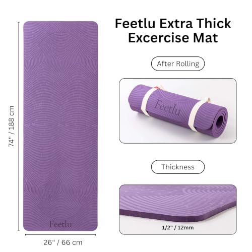 Extra Thick 12mm Exercise Mat – 74"L x 26"W Inch, Non-Slip, Joint-Friendly & Cushioned Fitness Mat for Yoga, Pilates & Floor Workouts – Durable, Supportive & Includes Feetlu Classic Strap - color: Purple
