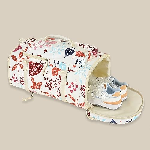 Kalesi Gym Duffle Bag Backpack 4-Way Waterproof with Shoes Compartment for travel Sport Hiking laptop - color: Floral-sea Salt White