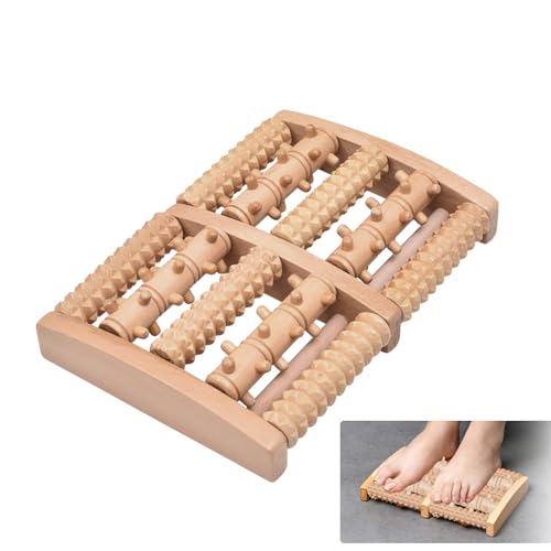 Wooden Foot Massage Roller, Wood Foot Roller for Plantar Fasciitis, Manual Physical Foot Therapy Roller Massage Tools for Feet Pain Relief Muscle Relaxation Men Women Elderly (5 Row Dual Gear)