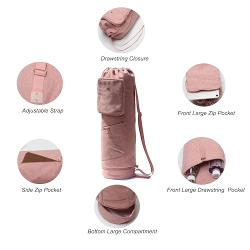 ESVAN Yoga Mat Bag with Multi Pockets Drawstring Yoga Mat Carrier Pilates Exercise Multi-Functional Storage Bag - color: Linen Pink