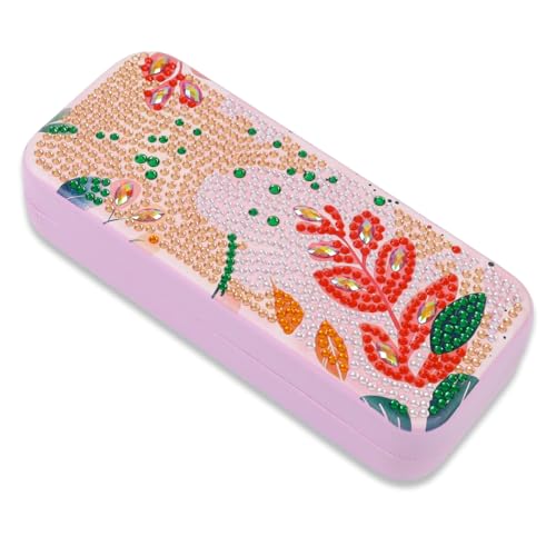 FlyingMage 5D Diamond Art Painting Kit for Adults Beginner, Small DIY Diamond Dots Gem Art Painting Mosaic Kits, Cute Hard Shell Sunglasses Eyeglasses Glasses Case for Women Teen, Boho Leaf - color: Pink Leaf
