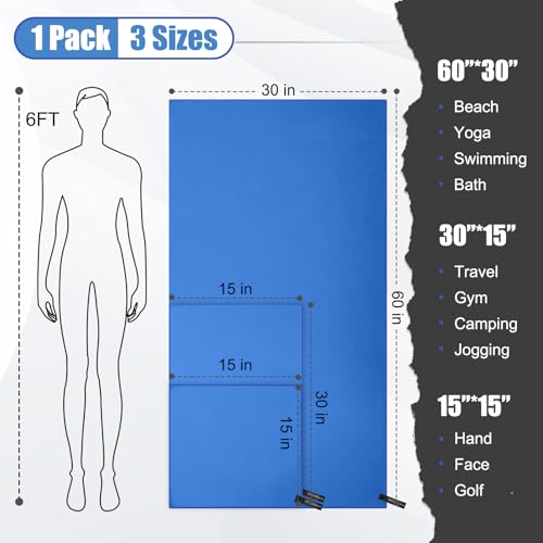 Quick Dry Travel Towel, 3 Sizes 1 Pack Camping Microfiber Towel, Lightweight Fast Drying Towels Set 60"x30", 30"x15", 15"x15" w/Bag for Gym, Beach, Hiking, Swimming, Dark Blue - color: Dark Blue
