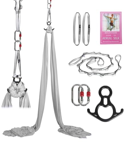 Aerial Silks Kit & Aerial Yoga Hammock - 11Yd Premium Fabric with Hardware | Easy Setup for Flying Yoga, Aerial Swing & Fitness - Supports Up to 14ft Rigging(Navy) - color: Silver