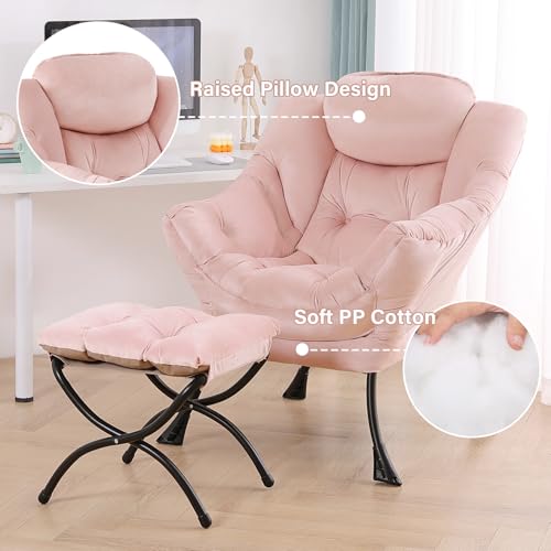 Tiita Lazy Chair with Ottoman, Comfy Reading Accent Chair, Velvet Pink | Foldable Footrest, Padded Seat and Backrest, Side Pocket for Lounging in Living Rooms, Bedrooms, Dorms and Small Spaces - color: Pink