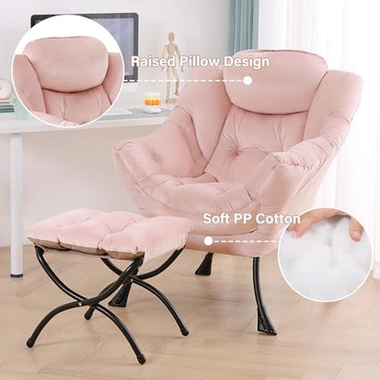 Tiita Lazy Chair with Ottoman, Comfy Reading Accent Chair, Velvet Pink | Foldable Footrest, Padded Seat and Backrest, Side Pocket for Lounging in Living Rooms, Bedrooms, Dorms and Small Spaces - color: Pink