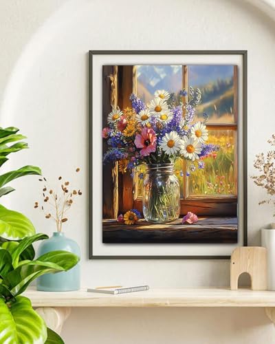 TOCARE Flowers Paint by Numbers Kit for Adults,Flower Bouquet on a Sunlit Windowsill Paint by Number Canvas Kit,Acrylic Adults' Paint-by-Number Kits Floral 16x20inch (Without Framed) - color: TC-OPC-149