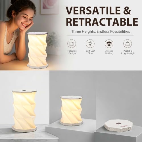 Portable Foldable Table Lamp, Japanese Gift, Paper Lantern Lights | Touch Control Dimmable Lamp with 3 Adjustable Heights, Rechargeable Warm Light, Travel Gifts for Women Men Couples (White) - color: White